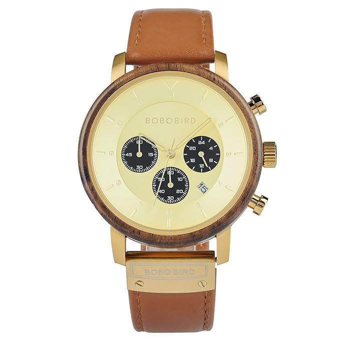 Exquisite Wooden Watch with Premium Leather Strap: Stylish Chronograph Quartz Timepiece