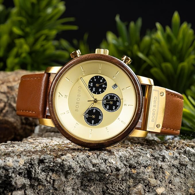 Exquisite Wooden Watch with Premium Leather Strap: Stylish Chronograph Quartz Timepiece