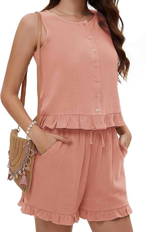 Summer Bliss 2 Piece Shorts Set - Sleeveless Crop Tank Top and Button-Front Shorts