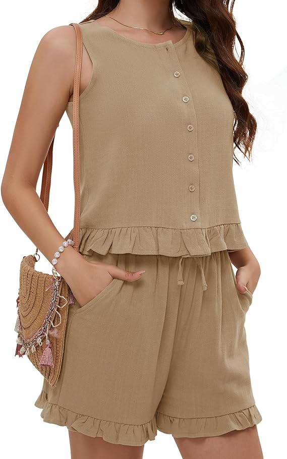 Summer Bliss 2 Piece Shorts Set - Sleeveless Crop Tank Top and Button-Front Shorts